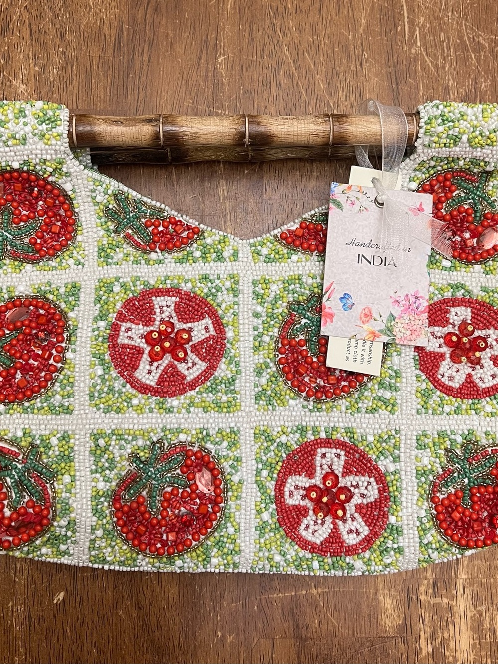 Hand-Beaded Tomato Bag with Bamboo Handle
